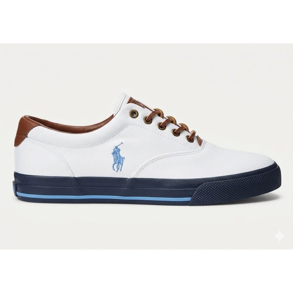 Polo Ralph Lauren Vaughn Mens 9.5D White Canvas Sneakers‎ Navy 11501 Low Top